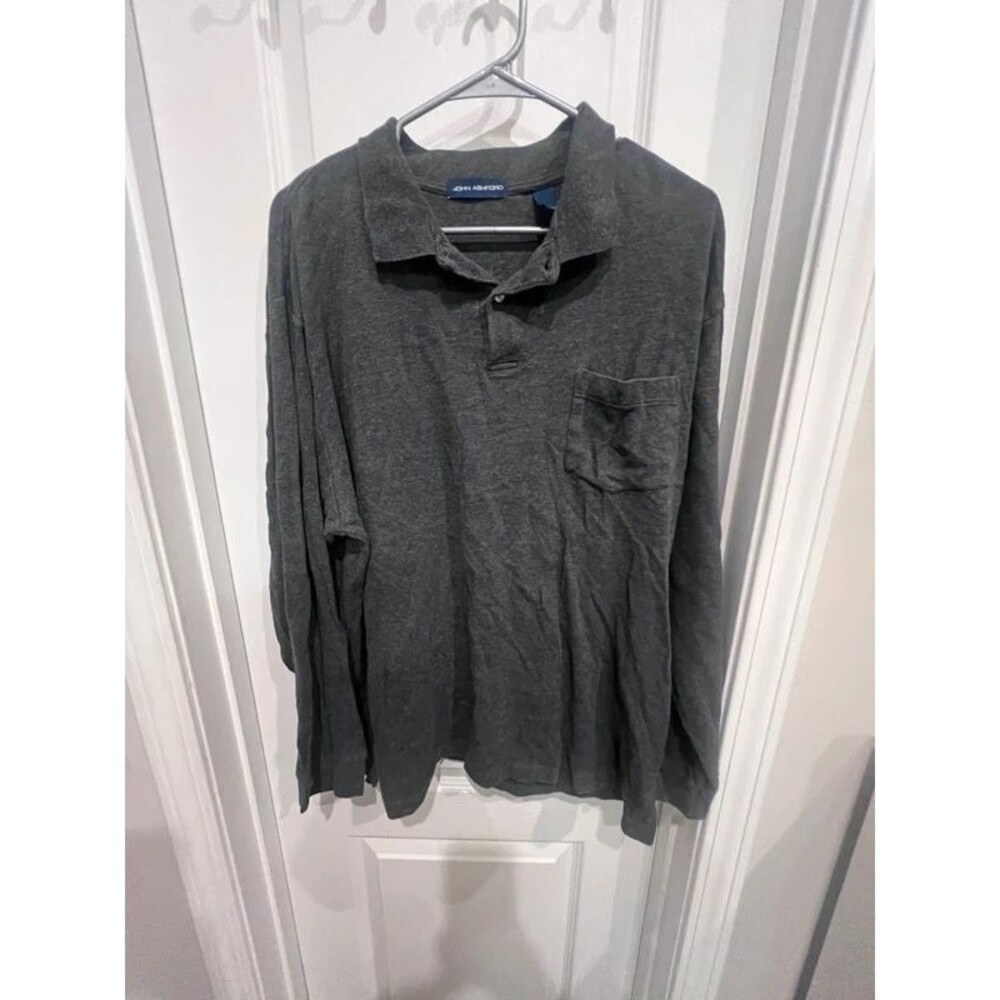 John Ashford Men’s XL Charcoal Gray Long-Sleeve Polo Shirt 100% Cotton